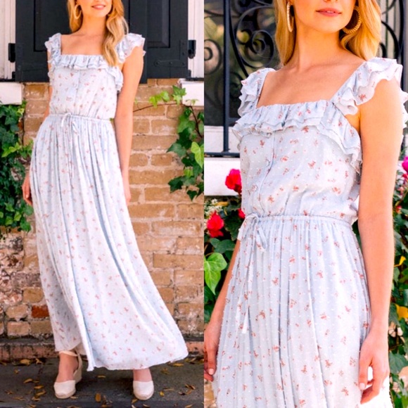 Gal Meets Glam Dresses & Skirts - Gal Meets Glam Patricia Dress Women 8P Blue Floral Button Front Maxi Ruffle Neck